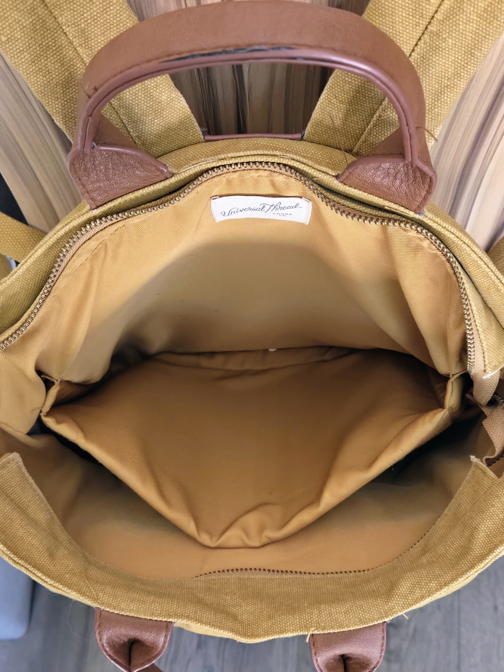 Universal Thread Yellow Canvas Backpack Tote with Tan Trim - Picture 3 of 4